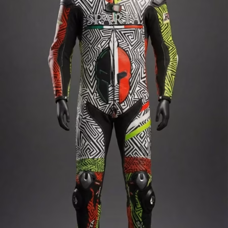 Tuta moto in pelle su misura modello KRATOS – grafica geometrica rossa nera giallo fluo SPARTA Verona - Personalizzato BeSparta Verona