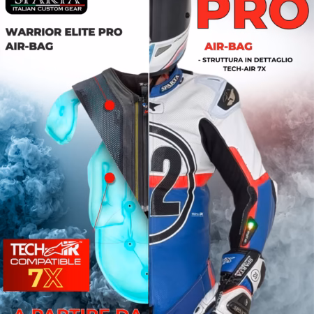 Poster promozionale Sparta Verona per tuta moto Elite Pro su misura con sistema airbag Alpinestars Tech-Air 7x integrato. Sicurezza pista assoluta.